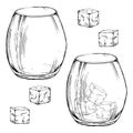 Ink hand drawn vector sketch of isolated object. Scotch whisky whiskey empty glass with rocks. Scottish symbol drink