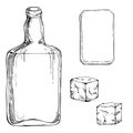 Ink hand drawn vector sketch of isolated object. Scotch whisky whiskey glass square bottle with label and rocks