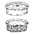 Ink hand drawn vector sketch of isolated object. Scotland symbol food, scotch shell pie with minced meat or steak