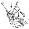 Ink hand drawn vector sketch of isolated object. Scotland symbol, tartan pattern traditional scottish bagpipe musical