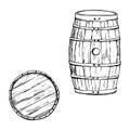 Ink hand drawn vector sketch of isolated object. Wooden barrel side and top view for storing liquor whisky whiskey