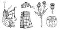 Ink hand drawn vector sketch of isolated objects. Scotland symbols menswear, tartan kilt, beret, bagpipes, sporran pouch Royalty Free Stock Photo