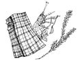 Ink hand drawn vector sketch. Scottish traditional menswear, tartan pattern kilt and bagpipes with heather flower branch