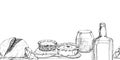 Ink hand drawn vector sketch. Seamless border. Scotland symbol objects. Traditional food and drink, haggis, scotch pie