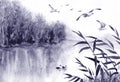 Ink Landscape with Birds and Reeds