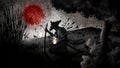 Ink landscape with a red sun and a dying samurai kneeling under a tree with katana and magic flower in his hand. Graphic