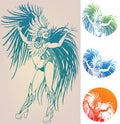 Ink linework dancing girl in carnival feather cost