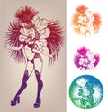 Ink linework dancing girl in carnival feather cost