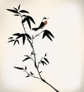Ink painted bamboo and bird Royalty Free Stock Photo