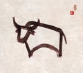 Ink painting of bull, chinese new year symbol of 2021 on vintage background. Translation of hieroglyph - life energy Royalty Free Stock Photo