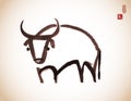 Ink painting of bull, chinese new year symbol of 2021 in vintage style. Translation of hieroglyph - life energy Royalty Free Stock Photo