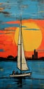 Sunset Sailboat And Island: Bold And Graphic Cityscape Abstraction