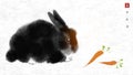 Ink painting with fluffly black rabbit and carrot on rice paper background. Hieroglyphs - peace, tranquility, clarity
