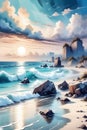 Ink painting of a natural landscape, beautiful beach with a big sea view on sunset, blue sky, clouds, rocks, sandy beach, wallart Royalty Free Stock Photo