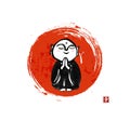 Ink painting of praying japanese boddhisattva Jizo in big red sun circle. Traditional Japanese ink wash painting of