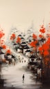 An ink painting of a traditional Chinese village.