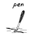 Ink pen handdrawn illustration. Cartoon vector clip art of a goose-quill pen drawing signature on a paper. Black and white sketch Royalty Free Stock Photo