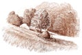 Ink pen illustration drawing landscape with forest, trees and haystacks