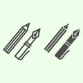 Ink pen line and solid icon. Office supplies with fountain pen and pencil outline style pictogram on white background