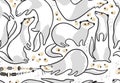 Cute cartoon ferrets seamless pattern in outline. Vector illustration