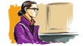 Thoughtful Woman in Purple Jacket with Glasses and Stylish Hair Sitting in Contemporary Setting Royalty Free Stock Photo