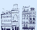 Ink sketch of buildings. Hand drawn illustration of Houses in the European Old town. Travel artwork. Line drawing isolated on blue Royalty Free Stock Photo