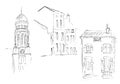 Ink sketch of buildings. Hand drawn illustration of Houses in the European Old town. Travel artwork. Set of three different houses Royalty Free Stock Photo