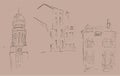 Ink sketch of buildings. Hand drawn illustration of Houses in the European Old town. Travel artwork. Set of three different houses Royalty Free Stock Photo