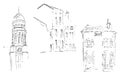 Ink sketch of buildings. Hand drawn illustration of Houses in the European Old town. Travel artwork. Set of three different houses Royalty Free Stock Photo