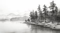 Black And White Watercolor Sketch: Pine Trees Along Water Royalty Free Stock Photo