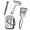 Ink sketch doodle painting equipment drawing stock vector illustration