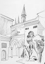 Ink sketch of Istanbul Topkapi museum inner yard with towers, co Royalty Free Stock Photo