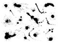 Ink splashes. Black color splatters, abstract drops on white backdrop, grunge traces of liquid paint, monochrome Royalty Free Stock Photo