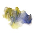 Ink splatter watercolour dye liquid watercolor yellow blue macro spot blotch texture isolated on white background