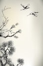 Ink style pine tree and crane Royalty Free Stock Photo