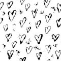 Ink texture hearts seamless pattern. Black design on white background Royalty Free Stock Photo