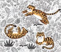 Ink tropical seamless pattern with funny orange tigers in cartoon style. Vector illustration