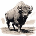 Ink-wash Bison Portrait: A Dynamic Balance Of Prehistoricore And Comic Art