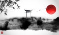 Ink wash painting with bamboo, red sun and sacred japanese torii gates. Traditional Japanese ink wash painting sumi-e. Hieroglyph Royalty Free Stock Photo