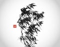 Ink wash painting of bamboo in the wind. Traditional oriental ink painting sumi-e, u-sin, go-hua. Translation of