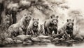 Ink wash painting: A captivating, wildlife-inspired scene, featuring a lifelike portrayal of animals in their natural habitat, all Royalty Free Stock Photo