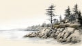 Ink Wash Painting: Detailed Cliff Sketch Of Pine Trees Along Water