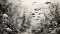 Ink wash painting: A fascinating, underwater world, featuring schools of fish, swaying seaweed, and hidden treasures, all painted