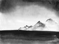 Ink wash painting landscape with distant mountains and thunderstorm clouds. Traditional oriental ink painting sumi-e, u