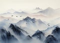 Ink Wash Painting of Mountains with Flying Birds Oriental Minimalism. Perfect for Wall Art.