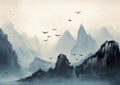 Ink Wash Painting of Mountains with Flying Birds Oriental Minimalism. Perfect for Wall Art. Royalty Free Stock Photo