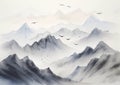 Ink Wash Painting of Mountains with Flying Birds Oriental Minimalism. Perfect for Wall Art.