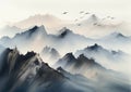 Ink Wash Painting of Mountains with Flying Birds Oriental Minimalism. Perfect for Wall Art.