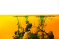 Ink in water splashing green yellow color background Royalty Free Stock Photo