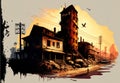 Dystopian Poor Neighborhood At Sunset, Featuring An Abandoned Old Houses. AI Generative